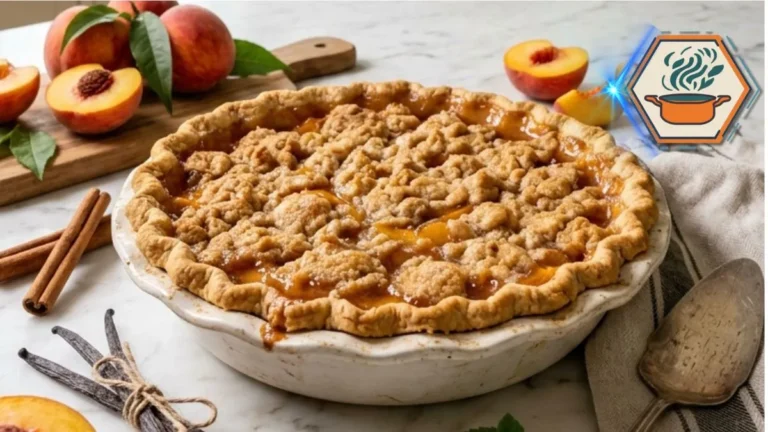 Fresh homemade Grandma's Peach Cobbler Pie cooling after baking.
