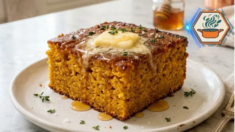 Honey Butter Sweet Potato Cornbread 3 Fresh Honey Butter Sweet Potato Cornbread in cast iron skillet.