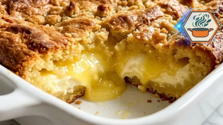 Fresh lemon cream cheese dump cake on a white marble kitchen island