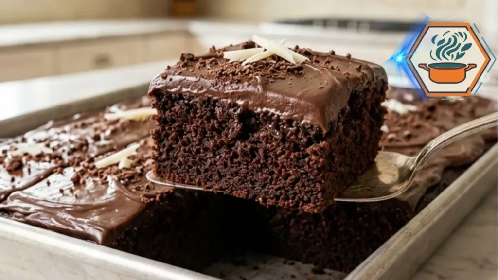 Fudgy chocolate poke sheet cake with glossy chocolate topping in a metal baking pan