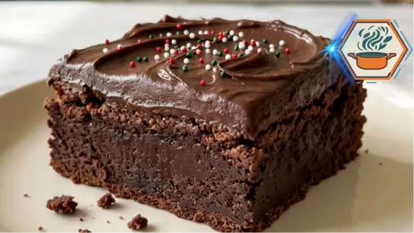 Fudgy holiday chocolate brownies with ganache and festive sprinkles