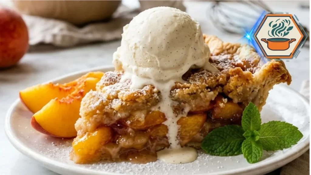 Grandma's Peach Cobbler Pie served with melting vanilla ice cream on a white marble countertop.