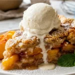 Grandma's Peach Cobbler Pie served with melting vanilla ice cream on a white marble countertop.