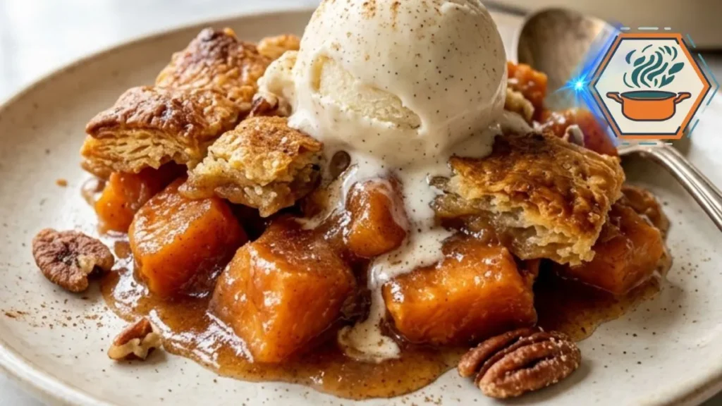 Grandma's Southern Sweet Potato Cobbler with golden crust, sweet potato filling, brown sugar sauce, and vanilla ice cream.