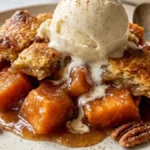 Grandma's Southern Sweet Potato Cobbler with golden crust, sweet potato filling, brown sugar sauce, and vanilla ice cream.