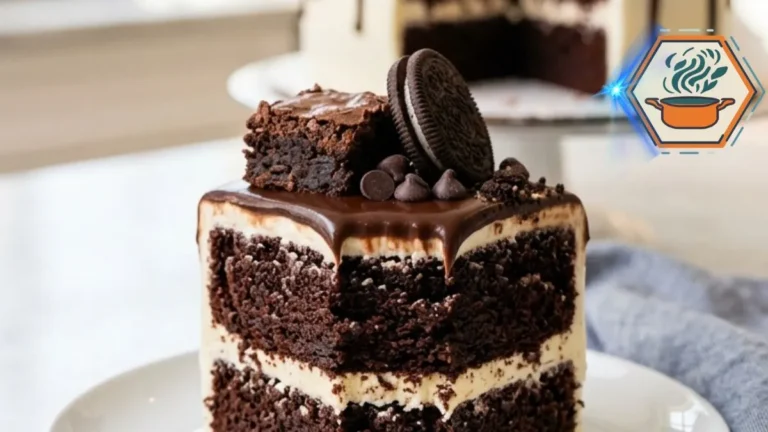 Chocolate Brownie Cookie Drip Cake Recipe 3 Homemade Chocolate Brownie Cookie Drip Cake on a white marble countertop