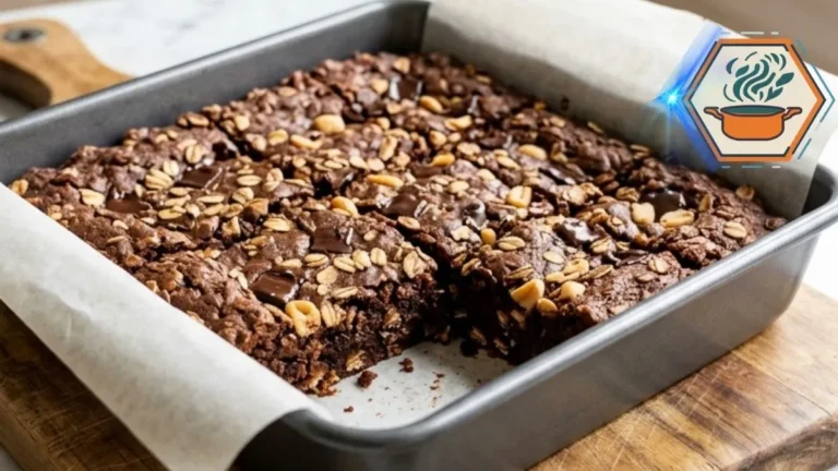 Homemade chocolate peanut butter oat bars topped with chocolate and peanuts
