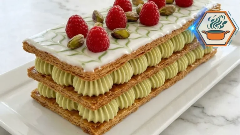 Pistachio Raspberry Mille-Feuille Recipe 3 Homemade Pistachio Raspberry Mille-Feuille on a white marble countertop