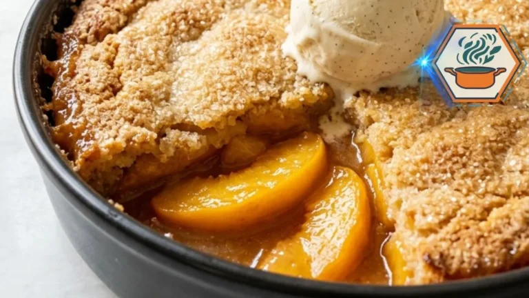 Sugar Crusted Peach Cobbler With a Crisp Golden Crust 3 Homemade Sugar Crusted Peach Cobbler recipe in a dark baking dish
