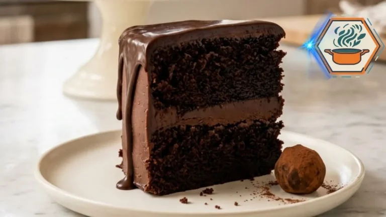 Velvet Truffle Cascade Cake Recipe 3 Homemade Velvet Truffle Cascade Cake on a white cake stand