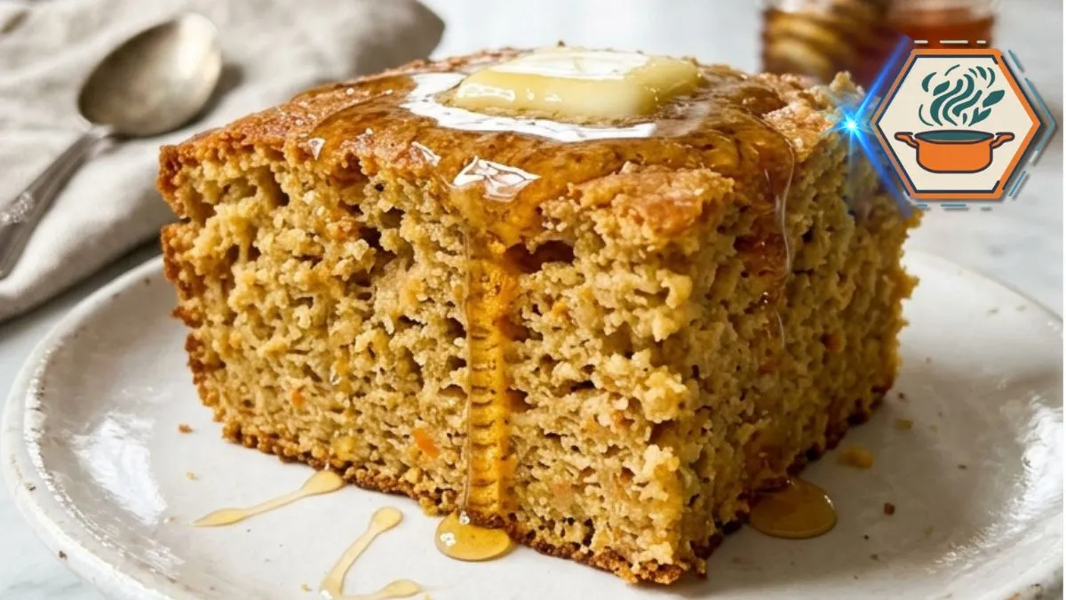 Honey Butter Sweet Potato Cornbread 2 Honey Butter Sweet Potato Cornbread with melting butter and honey on a white marble countertop.