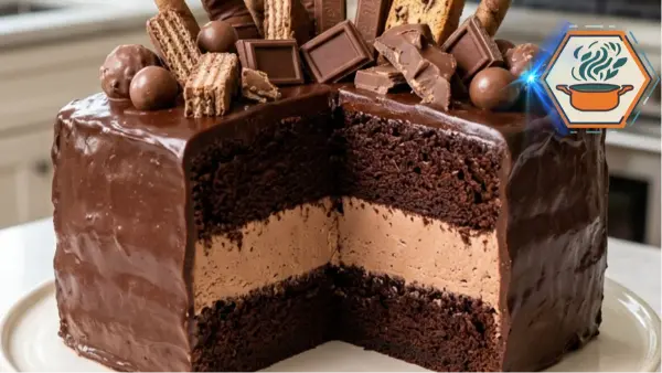 Loaded Chocolate Candy Cake with chocolate cream filling and ganache on a white marble counter