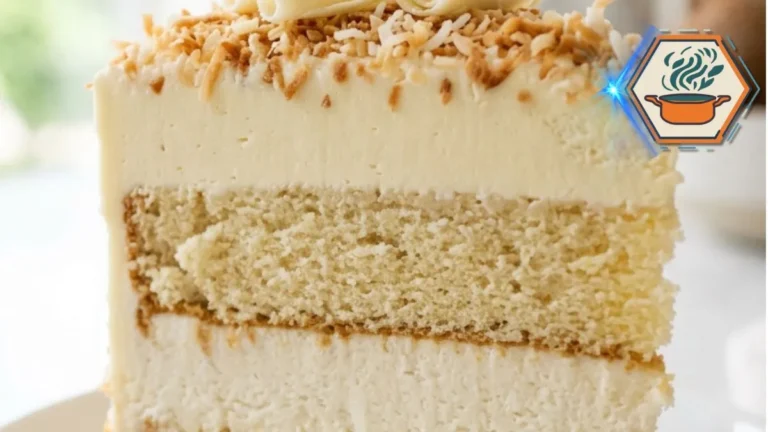 Bakery-style White Chocolate Coconut Mousse Cake in a modern American kitchen.