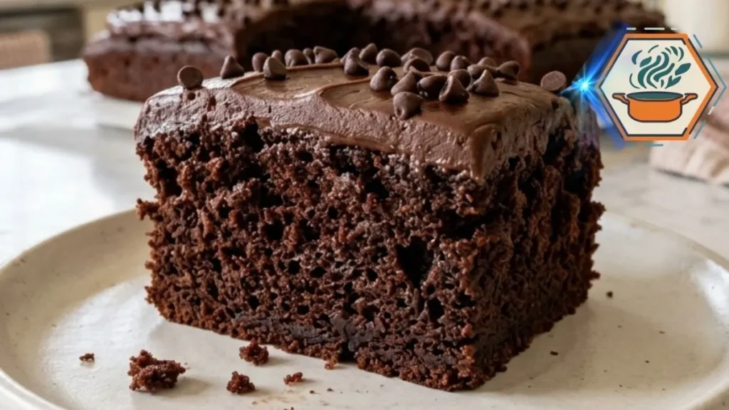 Melt-in-Your-Mouth Chocolate Cake slice with chocolate frosting in a bright American kitchen
