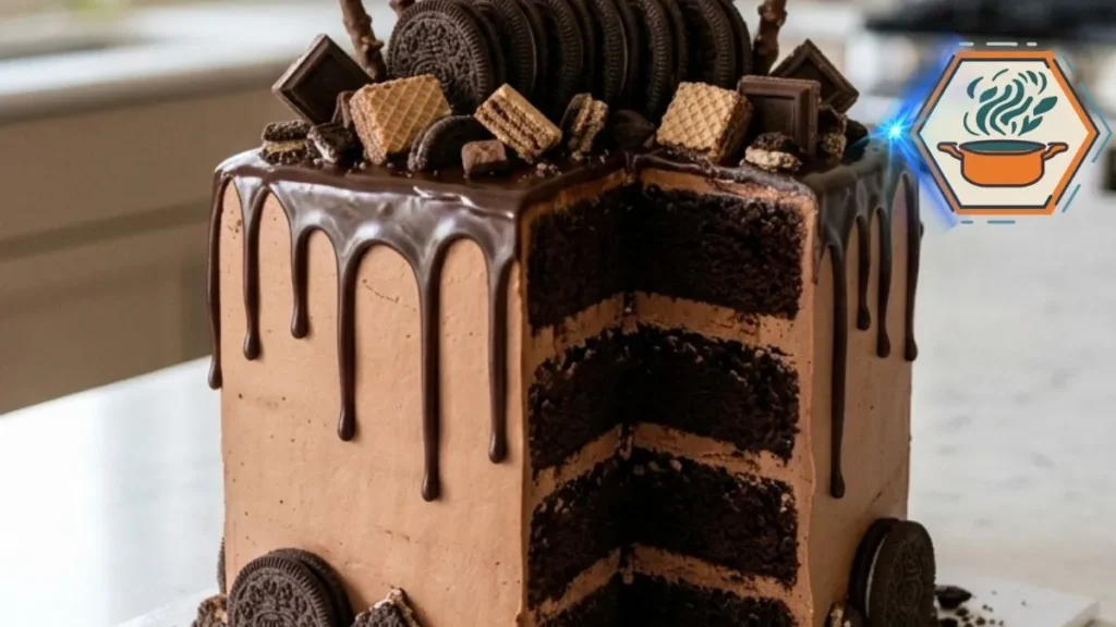 Midnight Cookie Crunch Drip Cake with chocolate ganache, cookies and wafer bars
