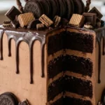Midnight Cookie Crunch Drip Cake with chocolate ganache, cookies and wafer bars