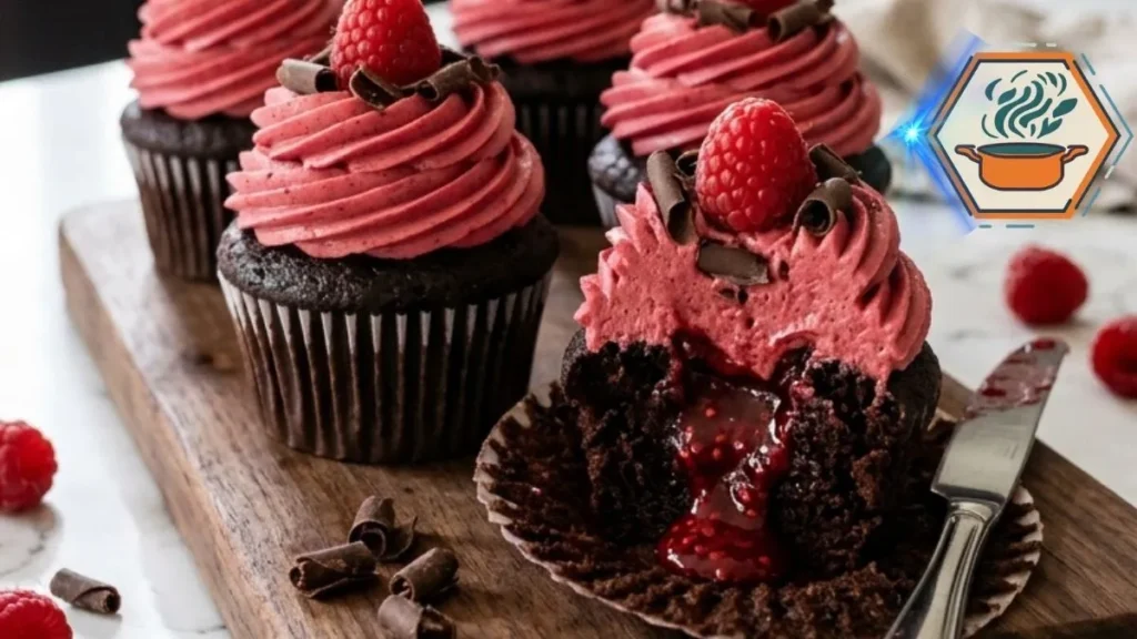 Midnight Raspberry Lava Cupcake with raspberry filling and pink buttercream