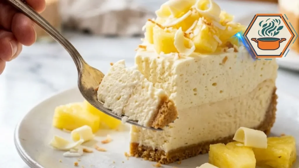 No-Bake Pineapple Mousse Cheesecake served on a white marble countertop with tropical toppings