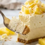 No-Bake Pineapple Mousse Cheesecake served on a white marble countertop with tropical toppings