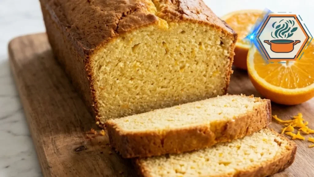 Orange bread in blender with fresh orange on a white marble countertop