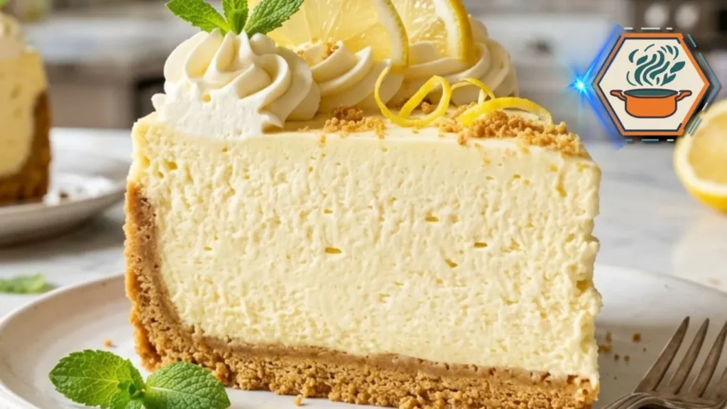 Original Woolworth Cheesecake with whipped cream and lemon garnish.