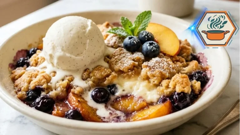 Peach Blueberry Cream Cheese Cobbler 3 Fresh baked peach blueberry cream cheese cobbler in a ceramic baking dish