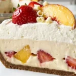 Peach Strawberry Cream Pie with fresh peaches, strawberries, whipped cream, and graham cracker crust