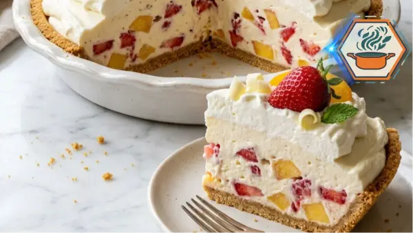 Slice of Peach Strawberry Cream Pie with vanilla cream and fresh fruit