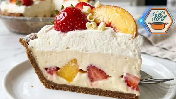 Peach Strawberry Cream Pie with fresh peaches, strawberries, whipped cream, and graham cracker crust