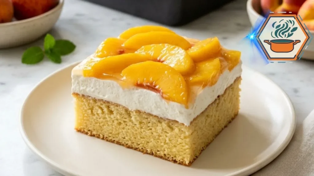 Peaches & Cream Sheet Cake with whipped cream and glazed fresh peaches