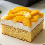 Peaches & Cream Sheet Cake with whipped cream and glazed fresh peaches