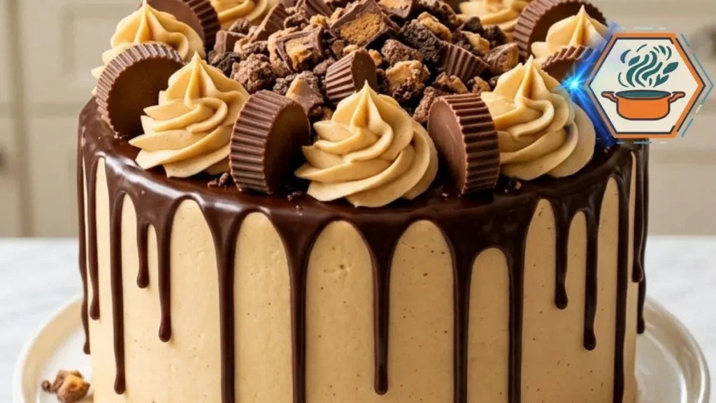 Peanut Butter Truffle Crunch Cake with chocolate ganache and peanut butter cups