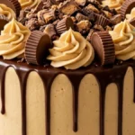 Peanut Butter Truffle Crunch Cake with chocolate ganache and peanut butter cups