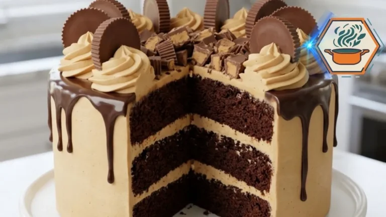 Chocolate peanut butter cake with ganache drips and crunchy peanut butter candy