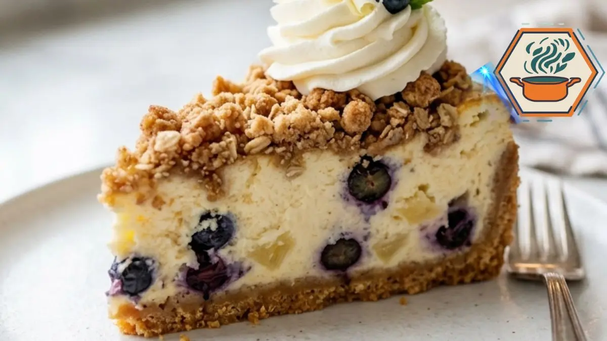 Pineapple Blueberry Crumble Cheesecake Recipe: The Ultimate Bakery-Style Dessert Everyone Will Love 2 Bakery-style Pineapple Blueberry Crumble Cheesecake on a white cake stand with fresh blueberries and pineapple.