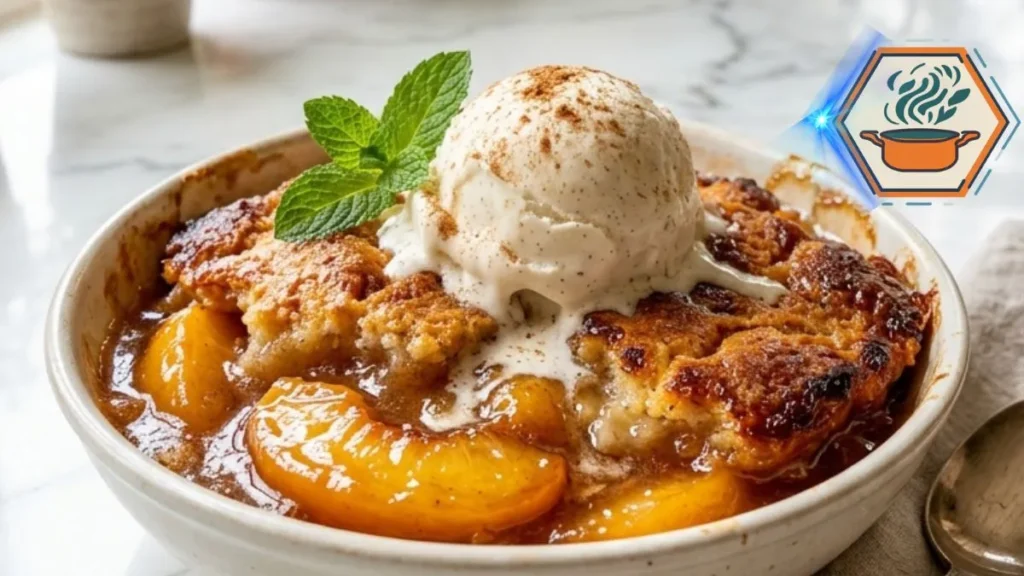 Old Time Oven Peach Cobbler served warm with vanilla ice cream