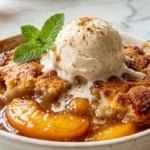 Old Time Oven Peach Cobbler served warm with vanilla ice cream