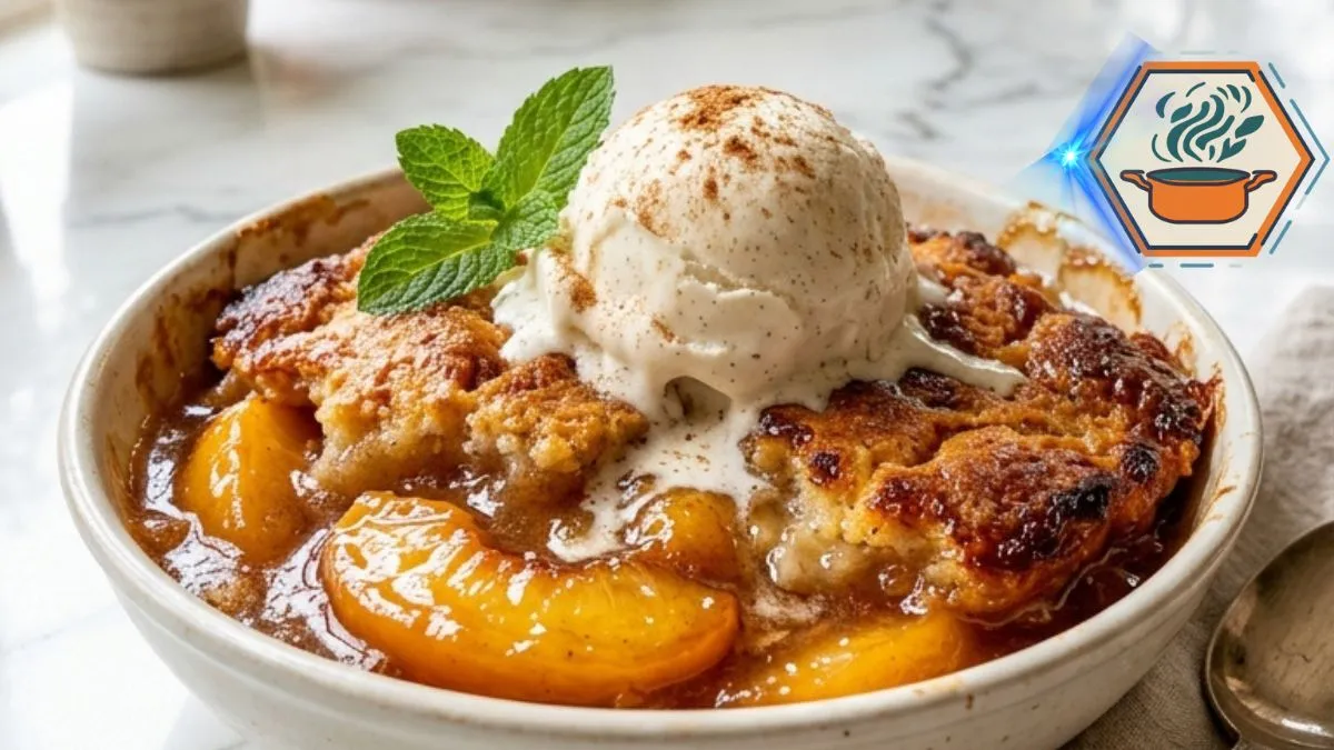 Old Time Oven Peach Cobbler Recipe From Scratch 2 Old Time Oven Peach Cobbler served warm with vanilla ice cream