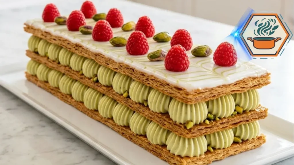 Pistachio Raspberry Mille-Feuille with crisp puff pastry, pistachio cream and fresh raspberries