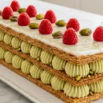 Pistachio Raspberry Mille-Feuille with crisp puff pastry, pistachio cream and fresh raspberries