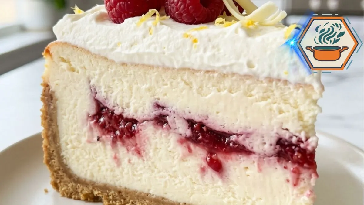 Raspberry Lemon Cream Cheesecake Dream slice with raspberry swirl and lemon cream
