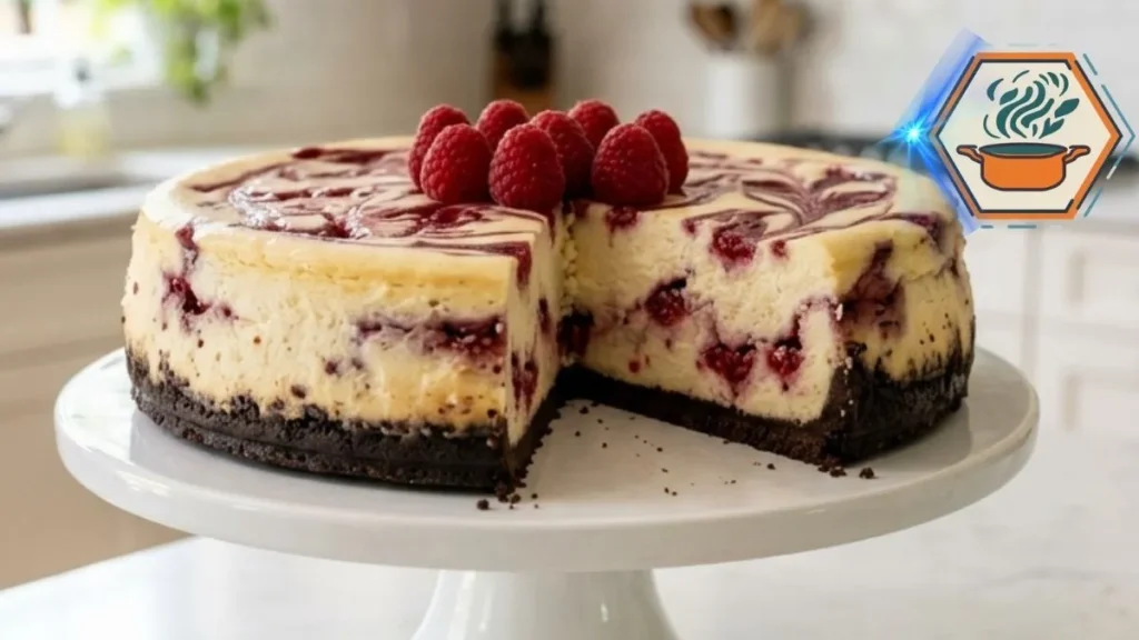 Raspberry swirl chocolate crust cheesecake with a sliced piece showing raspberry ribbons