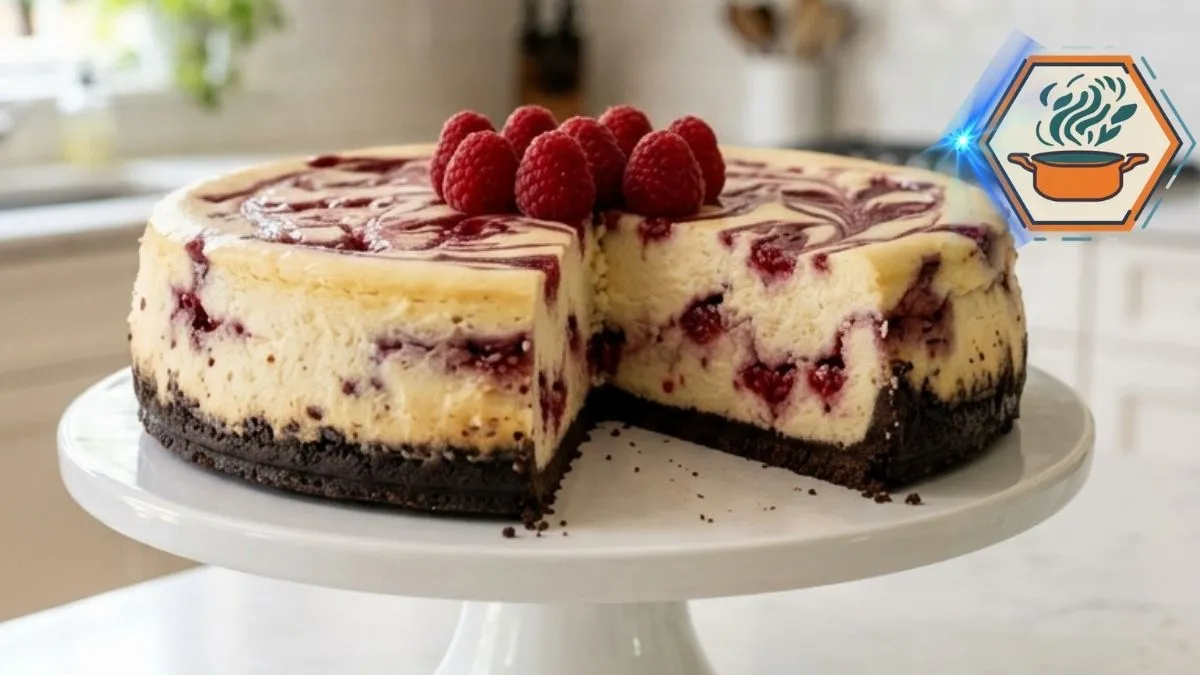 Raspberry swirl chocolate crust cheesecake with a sliced piece showing raspberry ribbons