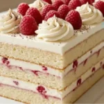 Raspberry Vanilla Cream Layer Cake with fresh raspberries and vanilla cream on a white marble counter