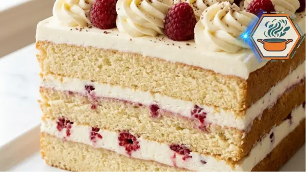 Raspberry Vanilla Cream Layer Cake Recipe 3 Whole Raspberry Vanilla Cream Layer Cake with raspberries and piped vanilla cream