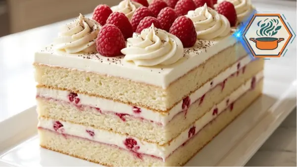 Raspberry Vanilla Cream Layer Cake Recipe 2 Raspberry Vanilla Cream Layer Cake with fresh raspberries and vanilla cream on a white marble counter