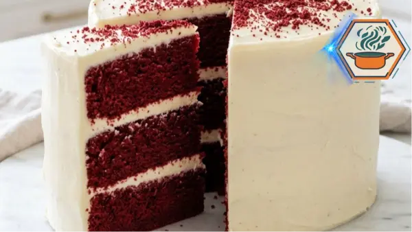 Moist red velvet cake with cream cheese frosting on a white marble countertop