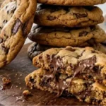 Soft and chewy chocolate chip cookies with melted chocolate on white marble