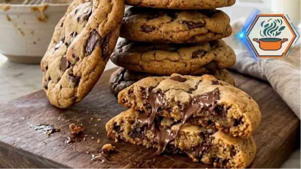 Soft and chewy chocolate chip cookies with melted chocolate on white marble