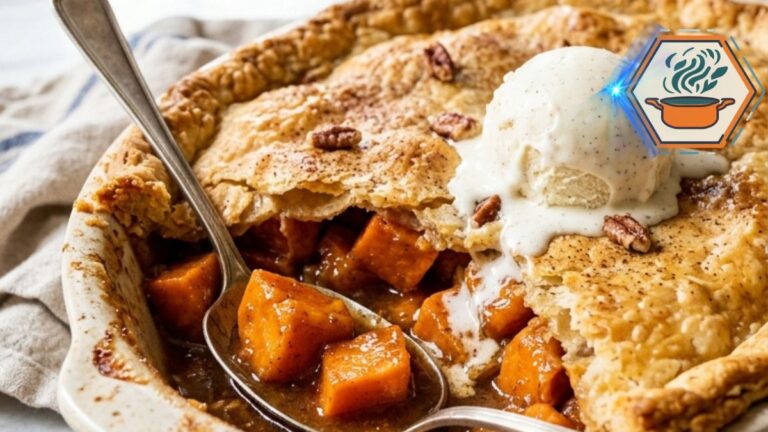 Serving of Southern sweet potato cobbler with flaky pastry and melting vanilla ice cream.